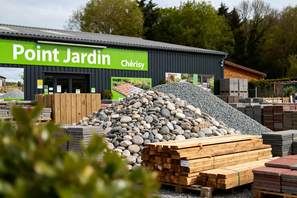 Magasin de jardinage avec une pile de pierres, du gravier, des planches de bois et des dalles, sous un ciel nuageux.