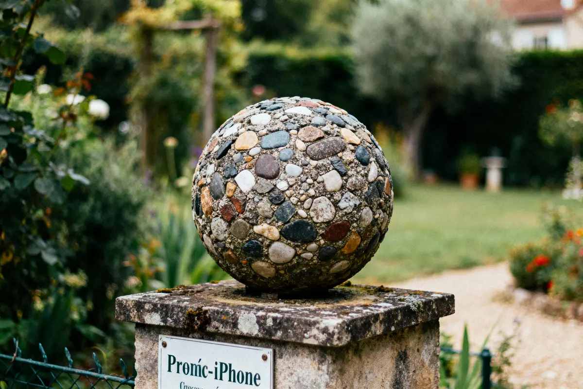Sphère décorative en pierres colorées posée sur un socle de pierre, entourée d'un jardin verdoyant.
