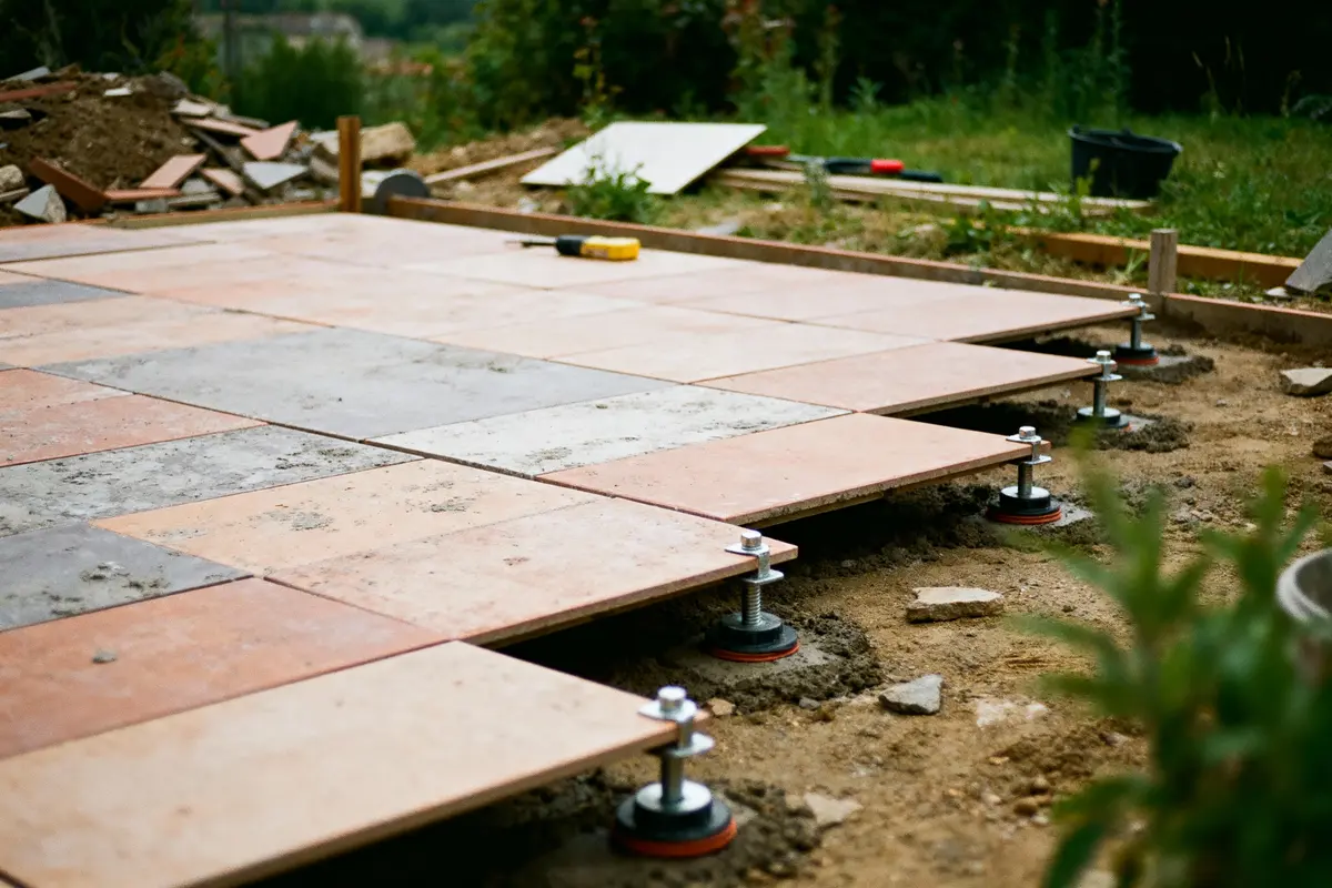 Pose de dalles sur un sol en terre, avec supports et outils visibles en arrière-plan, dans un environnement de travaux.