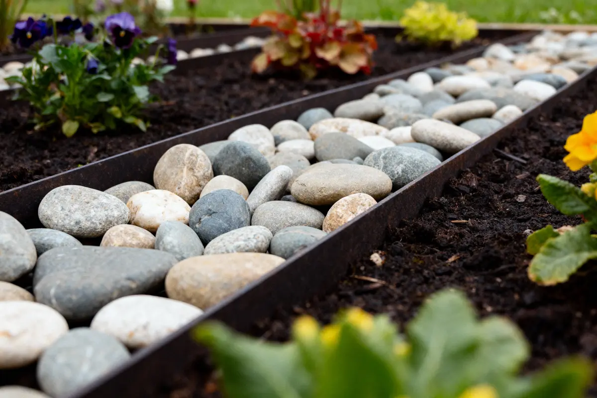 Cheminement de galets gris et blancs dans un jardin, entouré de fleurs colorées et de terre noire.