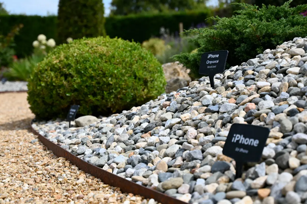 Des gravillons dans un jardin, des panneaux indiquent "iPhone" et "Ornamental", avec des buissons en arrière-plan.