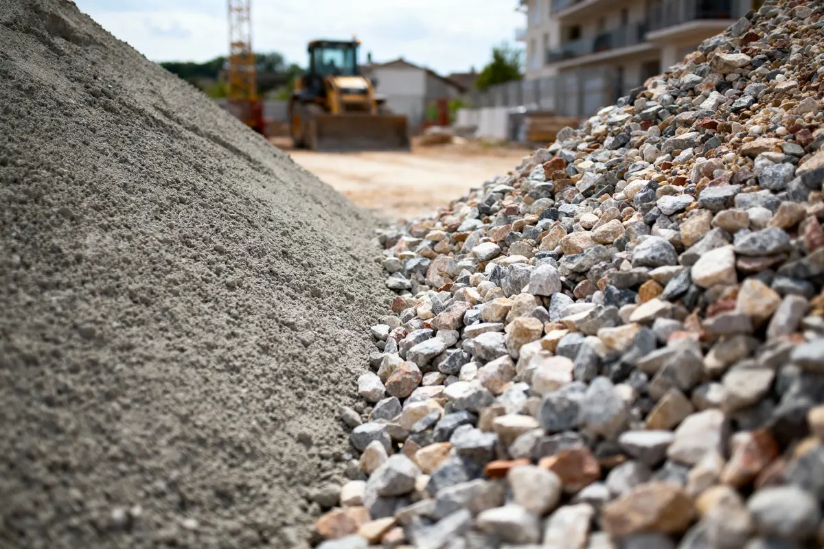 Chantier avec une pile de sable à gauche et une pile de gravier à droite, avec une machine en arrière-plan.