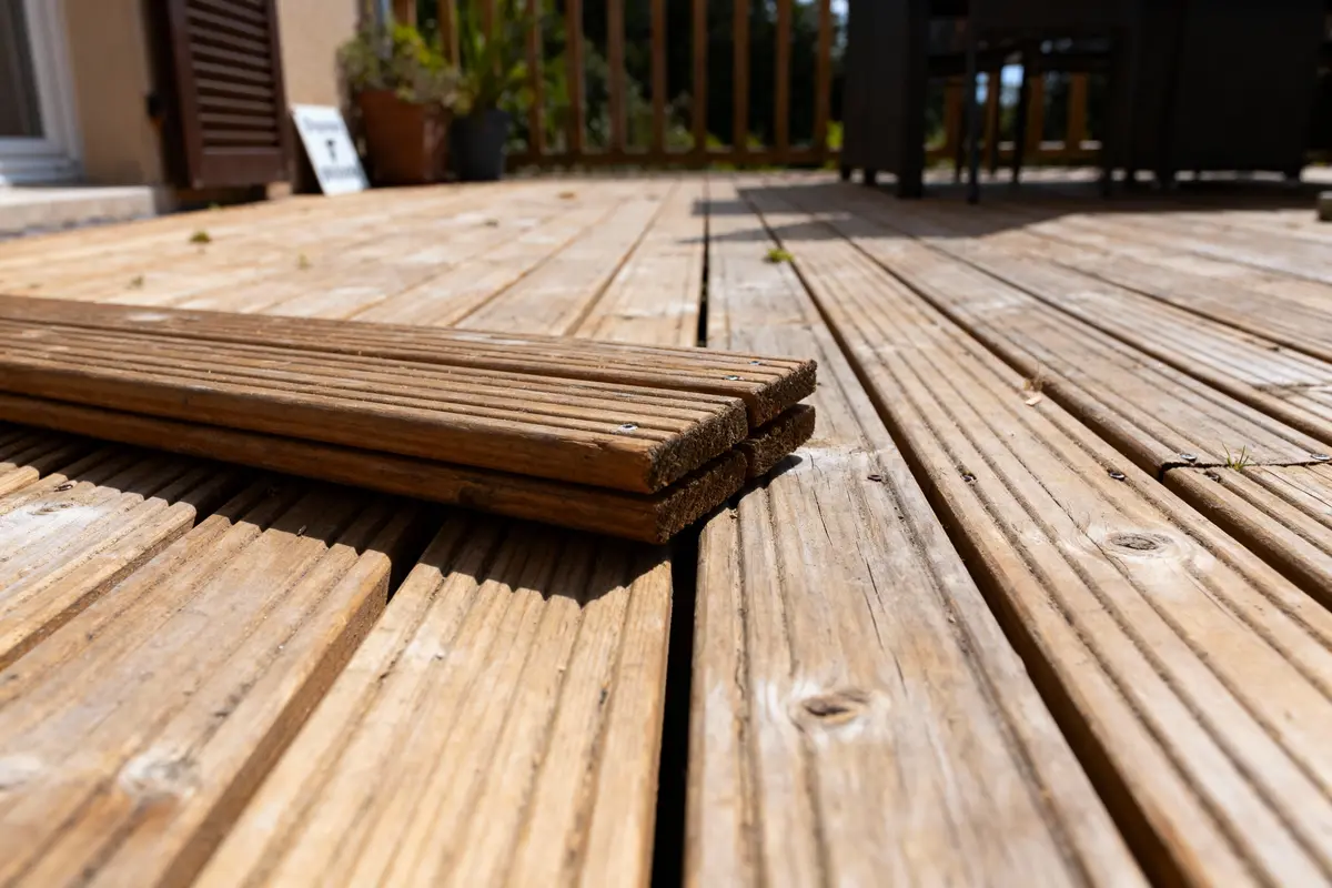 Planches de bois posées sur une terrasse en bois, avec un éclairage naturel et des détails sur les textures du bois.