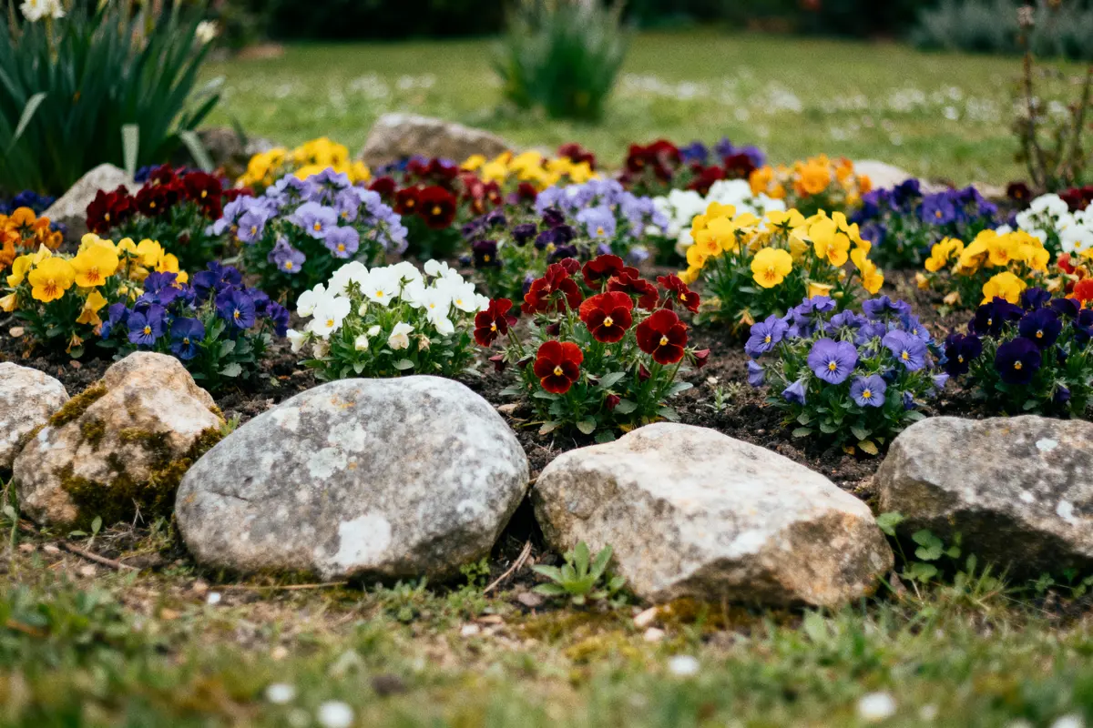 Parterre de fleurs colorées avec des pensées violettes, jaunes, rouges et blanches, entouré de pierres dans un jardin verdoyant.