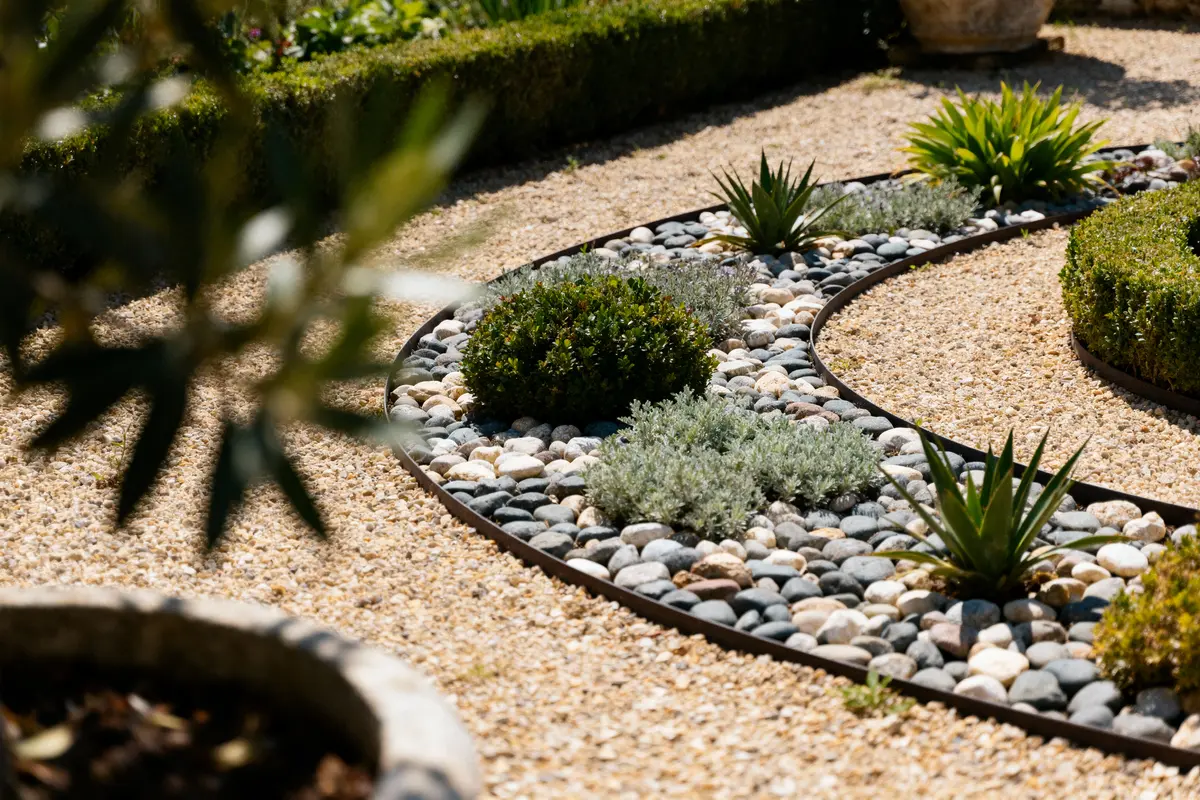 Jardin zen avec des cailloux, des plantes succulentes, des buissons taillés et un chemin sinueux sur un sol en gravier.