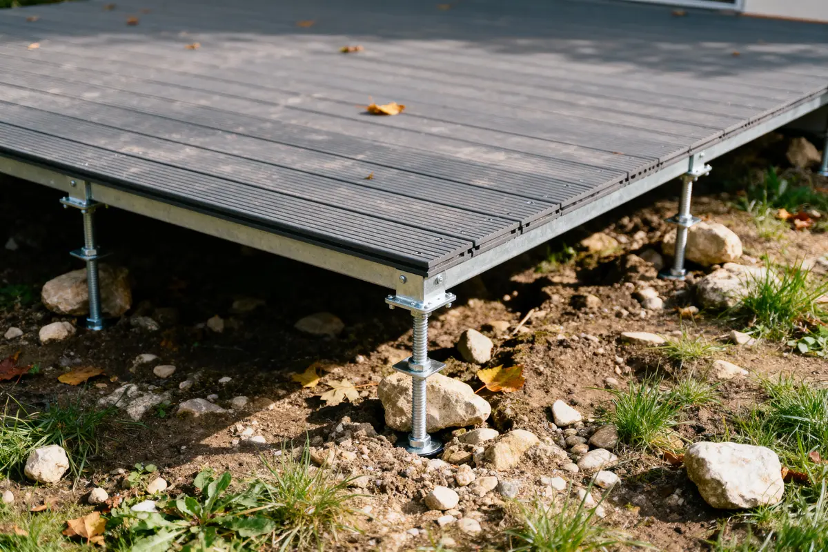 Terrasse sur poteaux métalliques, reposant sur un sol avec des gravillons et de l'herbe, quelques feuilles au sol.