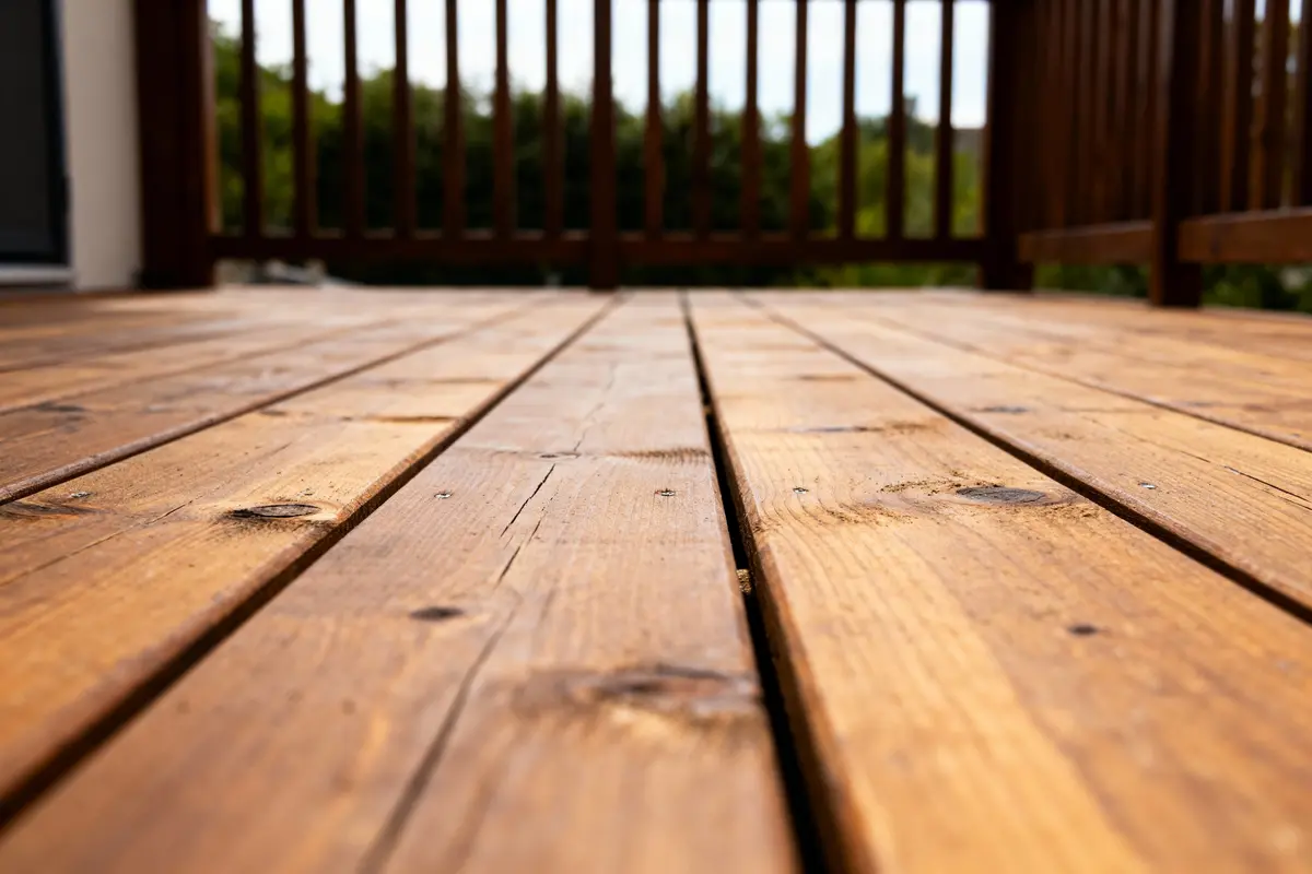 Vue en perspective d'un sol en bois, avec des planches bien usinées et un garde-corps flou en arrière-plan.