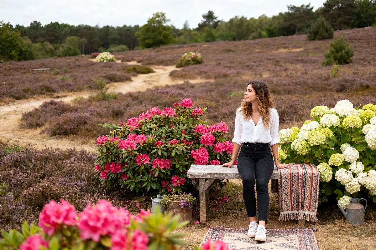 Femme assise sur un banc en bois, entourée de fleurs colorées, dans un paysage naturel paisible avec des chemins sableux.