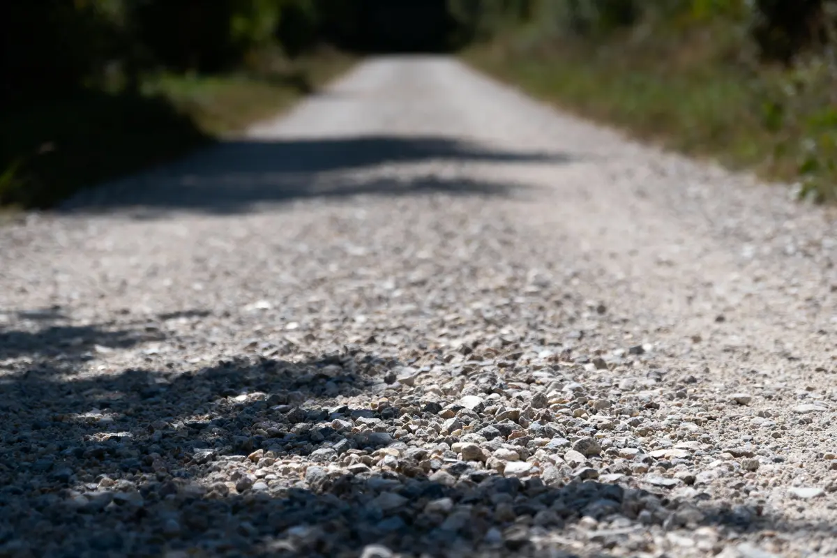 Chemin de gravier avec des cailloux, bordé d'herbe, s'étendant vers un arrière-plan flou et ensoleillé.