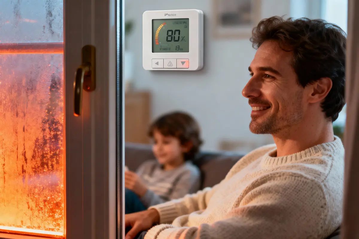 Homme souriant à l'intérieur, enfant flou en arrière-plan, hygromètre affiche 80% d'humidité près de fenêtre embuée.