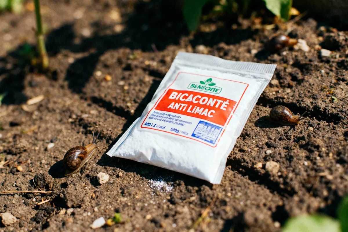 Paquet de produit anti-limace sur sol de jardin avec deux escargots proches.