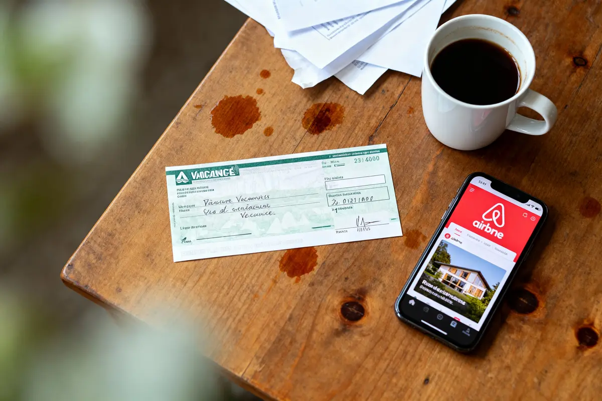 Chèque vacances, smartphone avec application Airbnb, café, et papiers sur table en bois tachée.