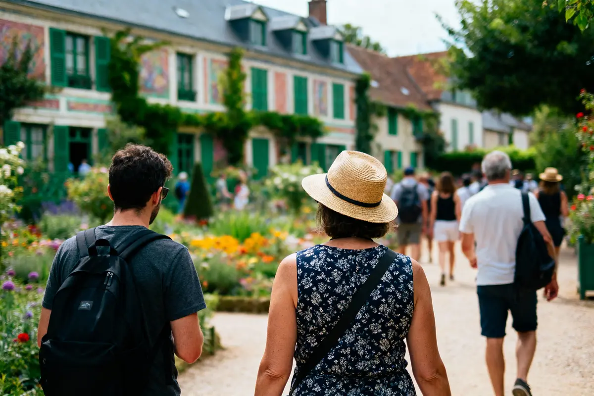 Des personnes visitent un jardin fleuri devant une maison à volets verts, sous un ciel clair.