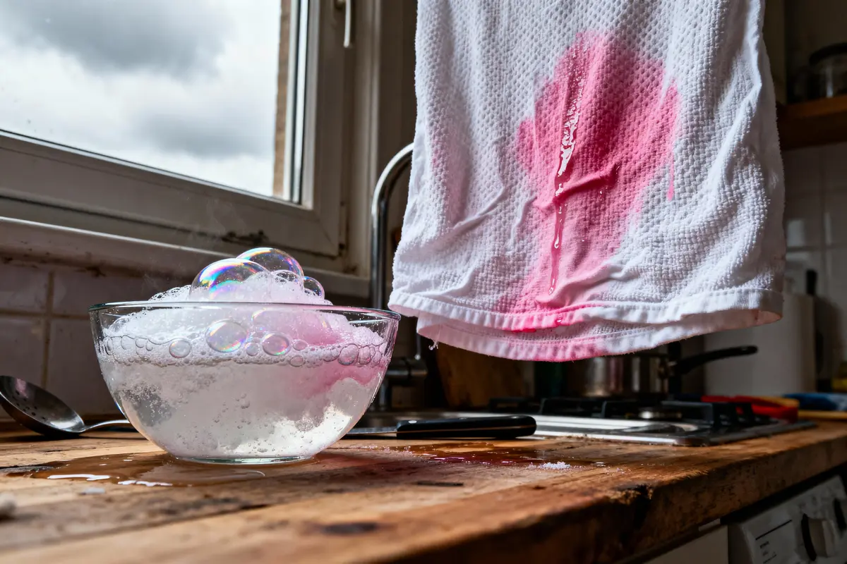 Bol de savon moussant sur table en bois, torchon blanc taché de rose suspendu à côté.