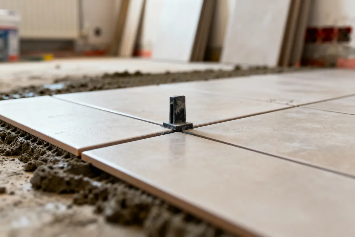 Pose de carrelage beige avec croisillon, sur sol humide dans une pièce en travaux.
