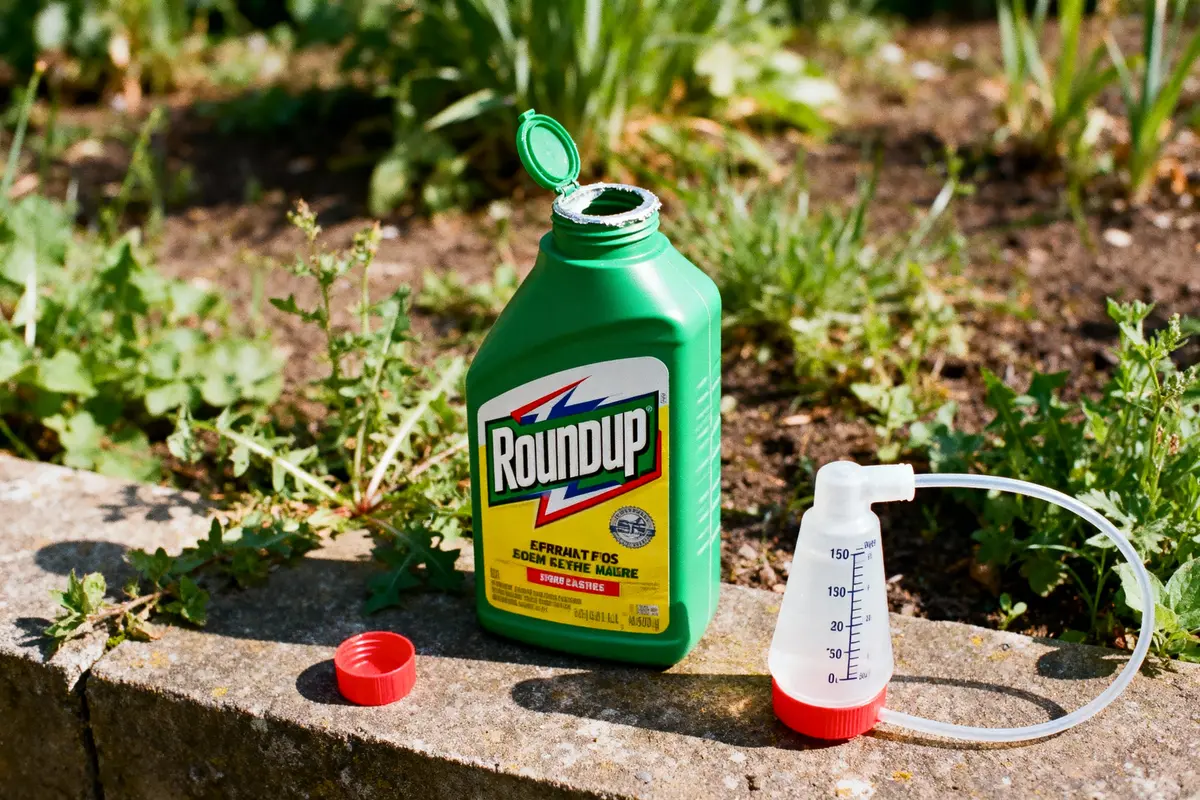 Bidon de désherbant Roundup ouvert sur un muret, près de plantes et d'un doseur gradué en plastique.