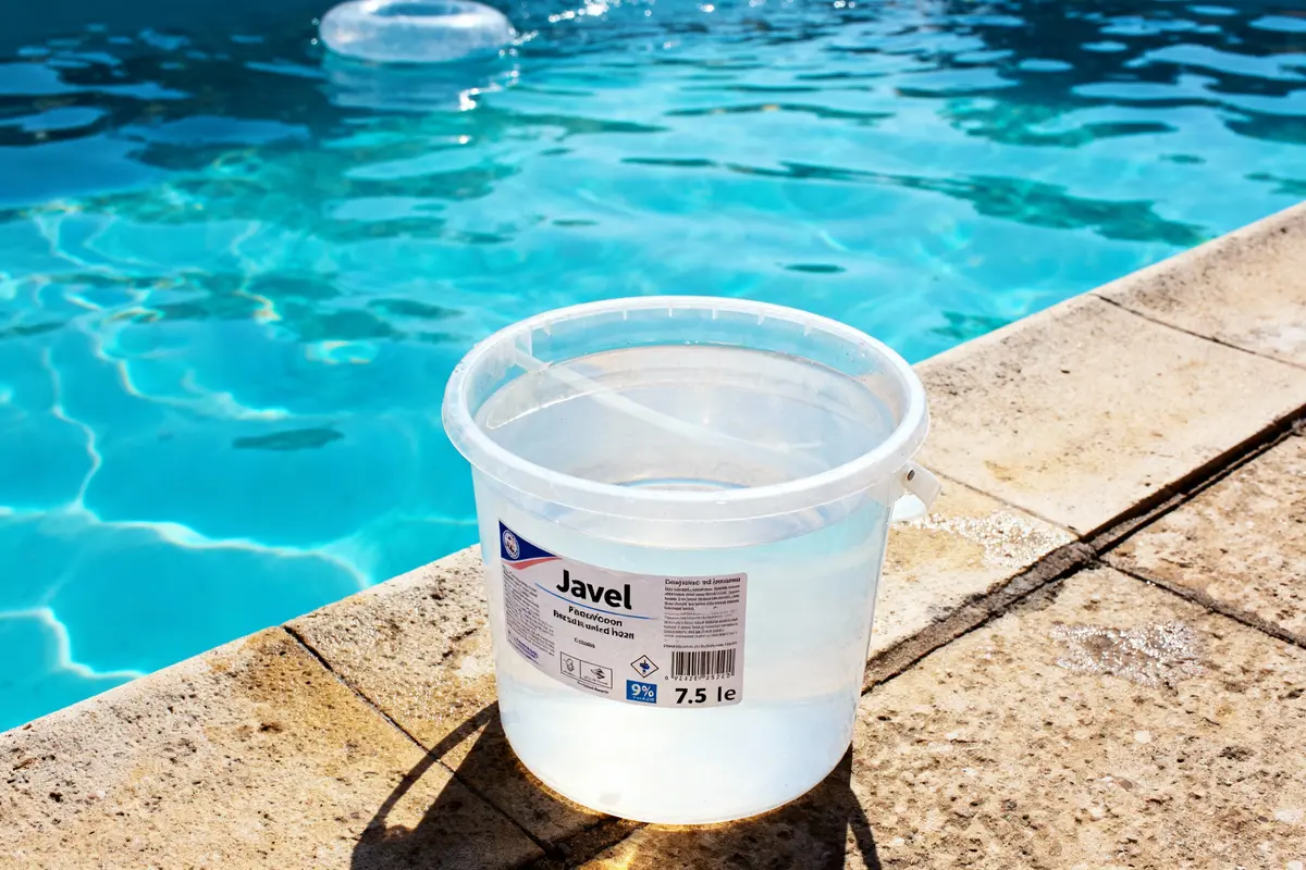 Seau de javel près d'une piscine ensoleillée, bord en pierre.