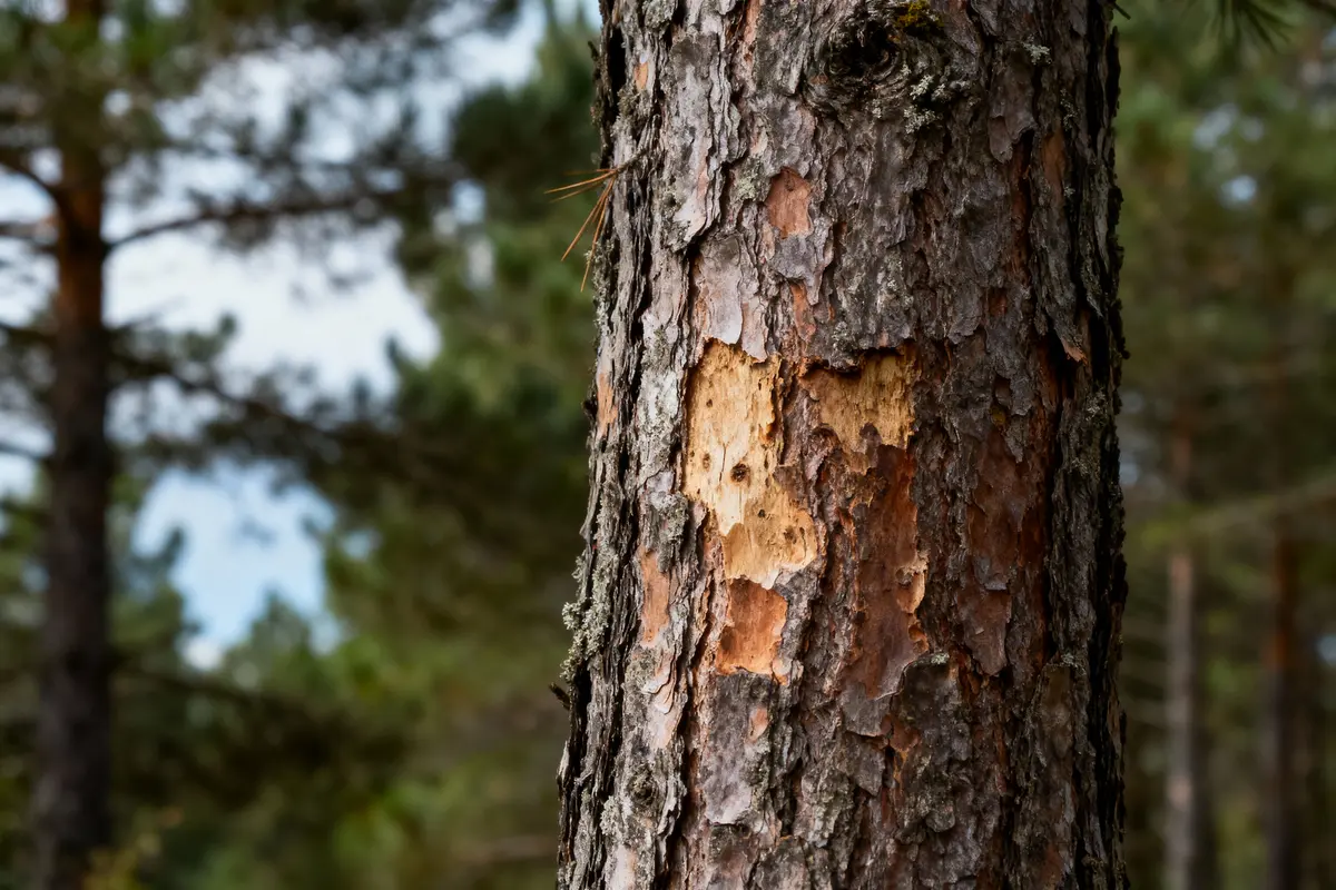 Écorce d'arbre avec marques de grattage en forêt, fond flou.