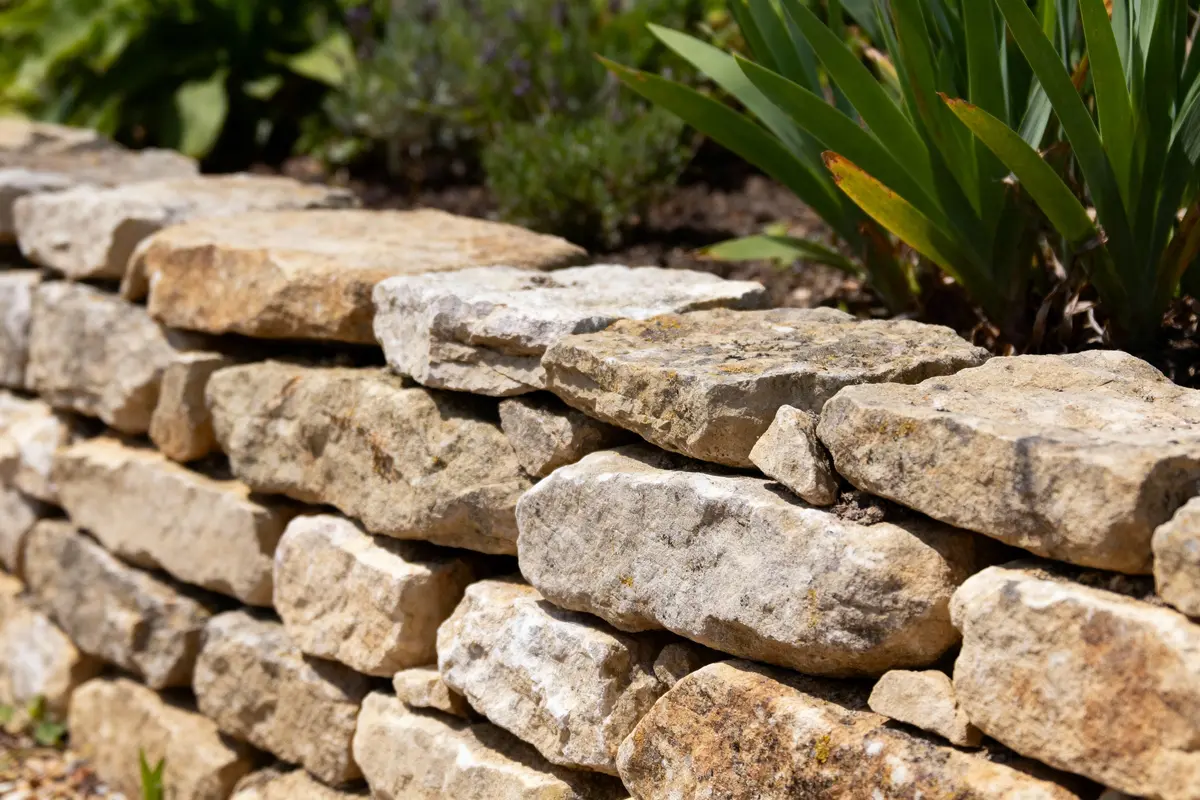 Mur de pierres sèches avec plantes vertes en arrière-plan, éclairé par la lumière du soleil.