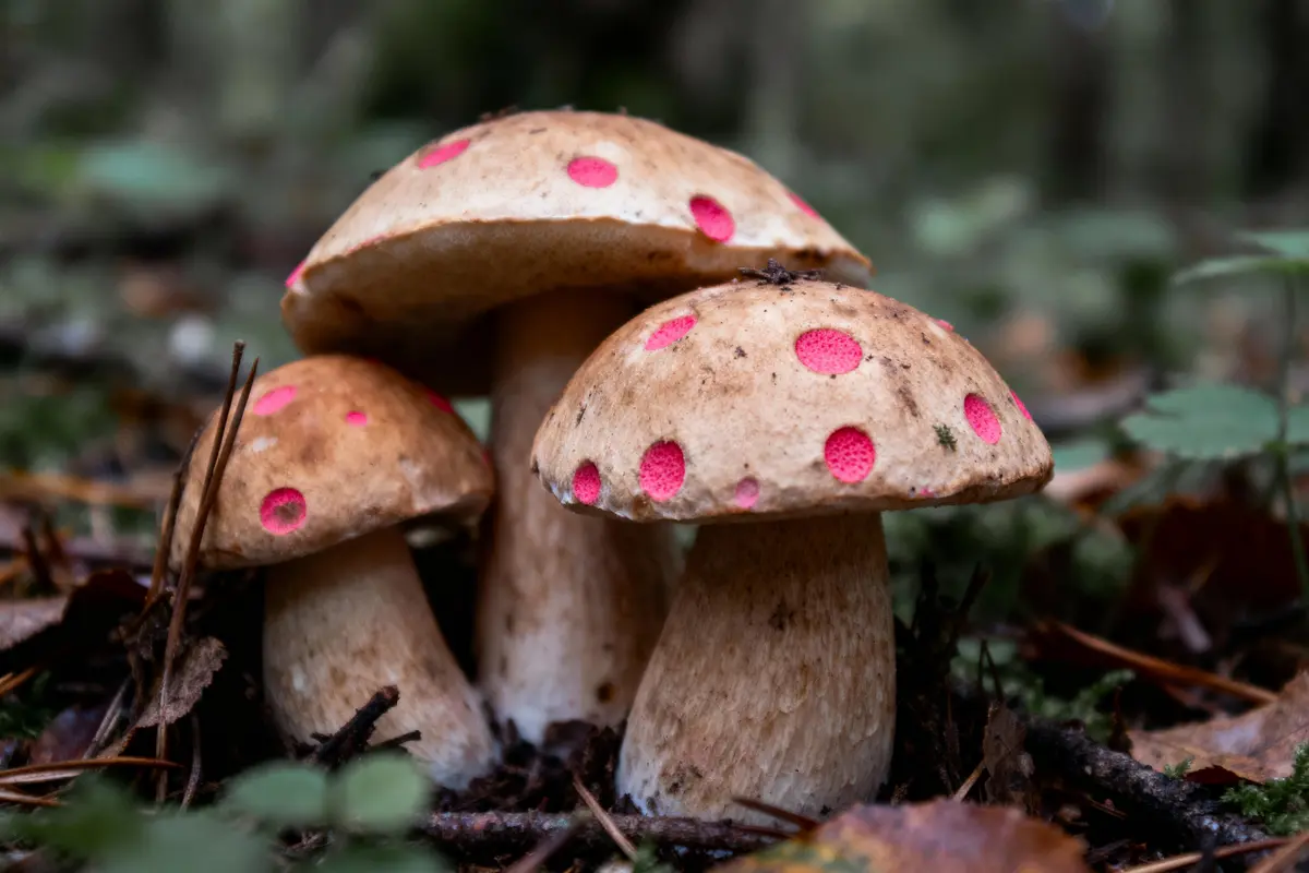 Trois champignons marron avec des taches roses dans la forêt, entourés de feuilles et mousse.