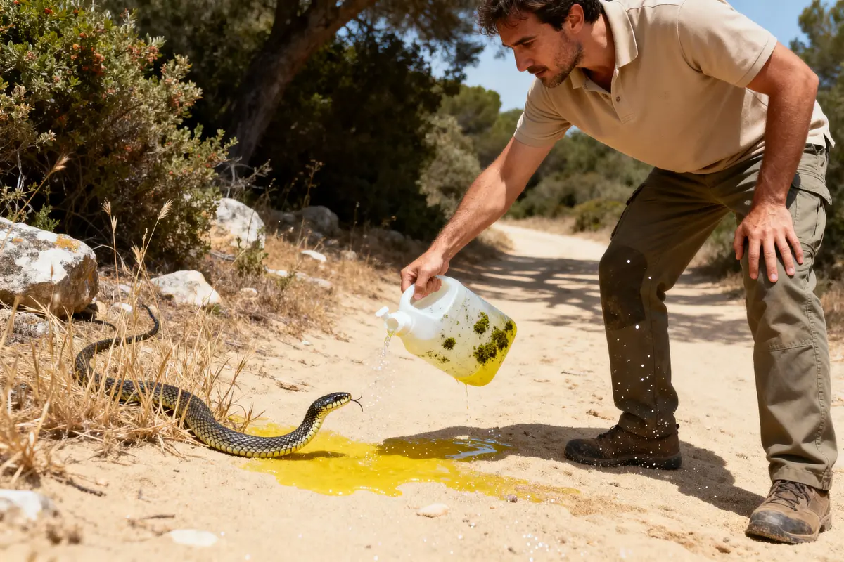 Homme verse liquide jaune près d'un serpent sur un chemin de terre en nature.