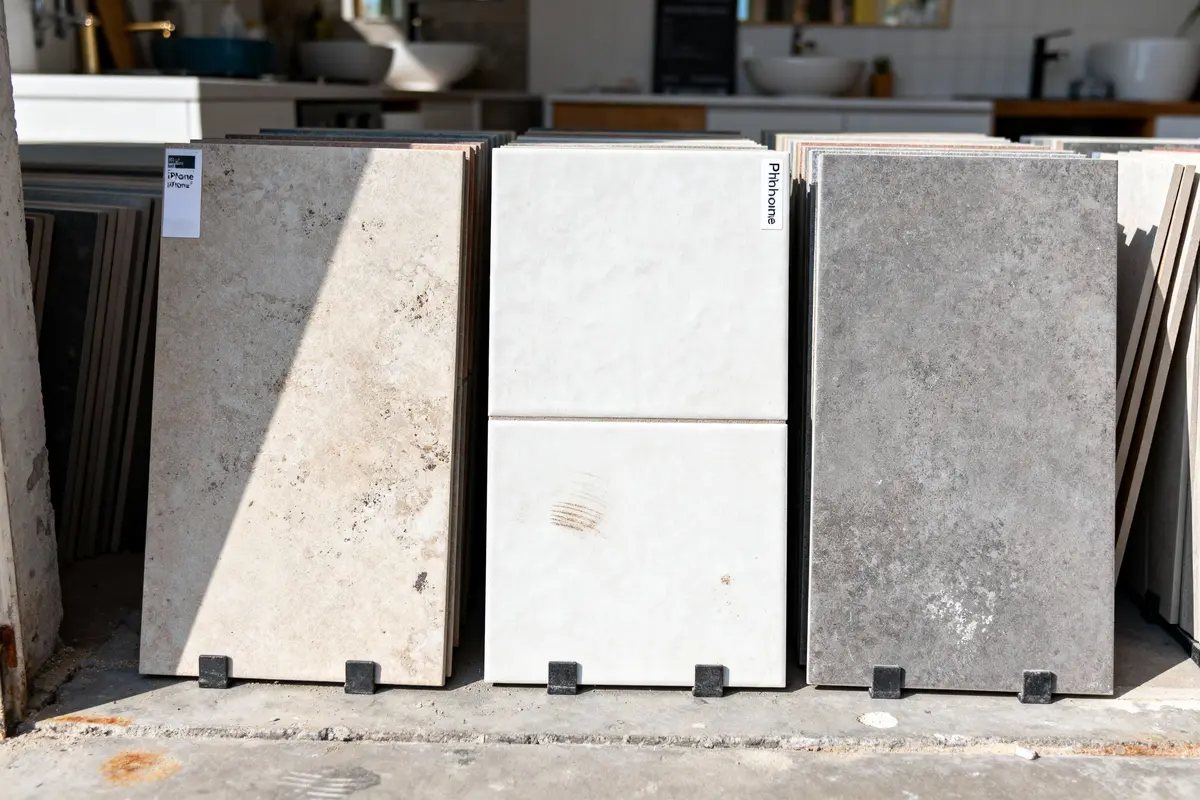 Trois carreaux de céramique en exposition, couleurs : beige, blanc, gris. Fond intérieur flou.