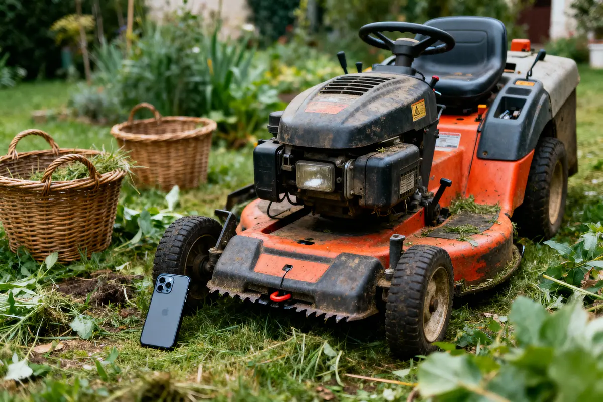 Tondeuse à gazon rouillée, deux paniers en osier, smartphone posé sur l'herbe, jardin en arrière-plan.