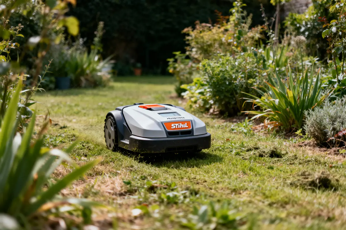 Tondeuse robot Stihl sur pelouse, entourée de végétation luxuriante dans un jardin ensoleillé.