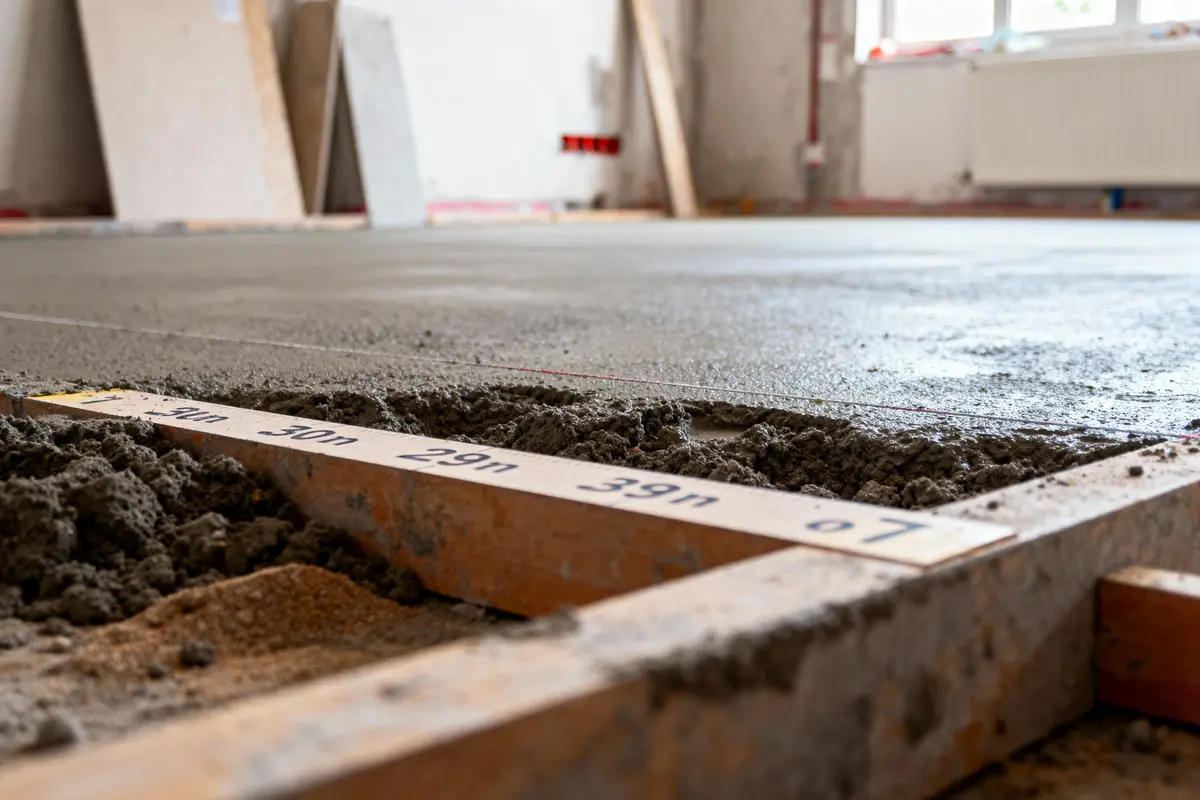 Sol en béton frais avec règles de nivellement, dans une pièce en construction avec fenêtre.