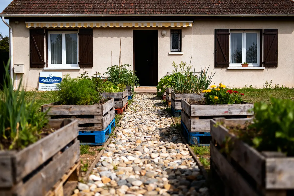 Maison avec chemin de pierres, jardinières en palettes contenant diverses plantes et fleurs, devanture avec fenêtre et porte.