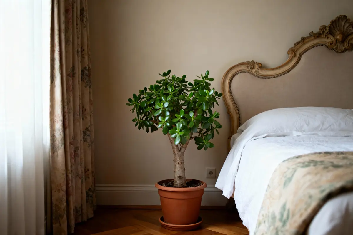 Plante en pot dans une chambre élégante avec lit à côté et rideaux floraux.