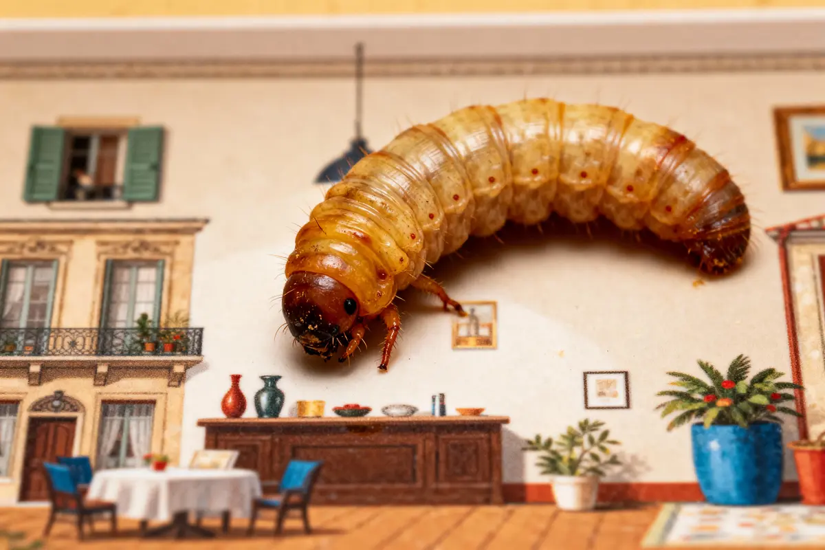 Gros plan d'une larve jaune en détail, posée sur une illustration de pièce intérieure colorée.