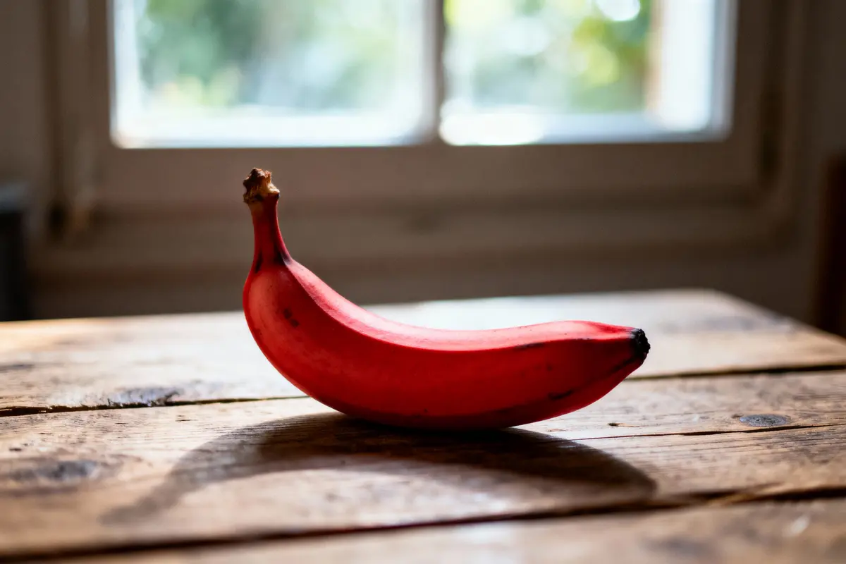 Banane rouge posée sur table en bois, éclairée par la lumière de la fenêtre derrière.