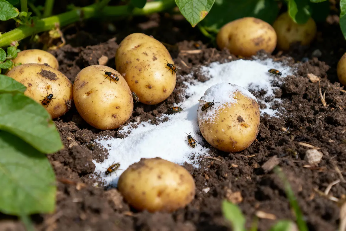 Pommes de terre au sol entourées d'insectes, avec une ligne de poudre blanche sur la terre.