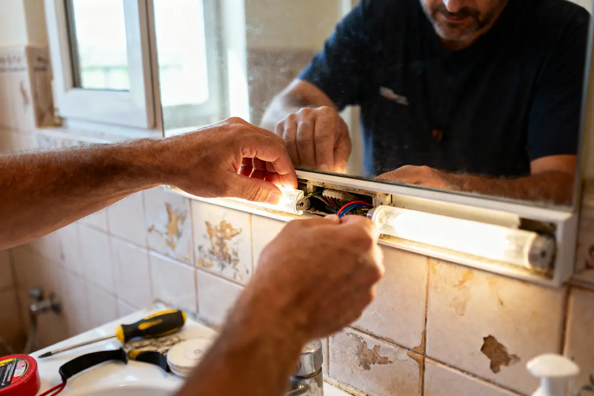 Homme réparant une lumière au-dessus d'un miroir de salle de bain, outils visibles sur un lavabo.