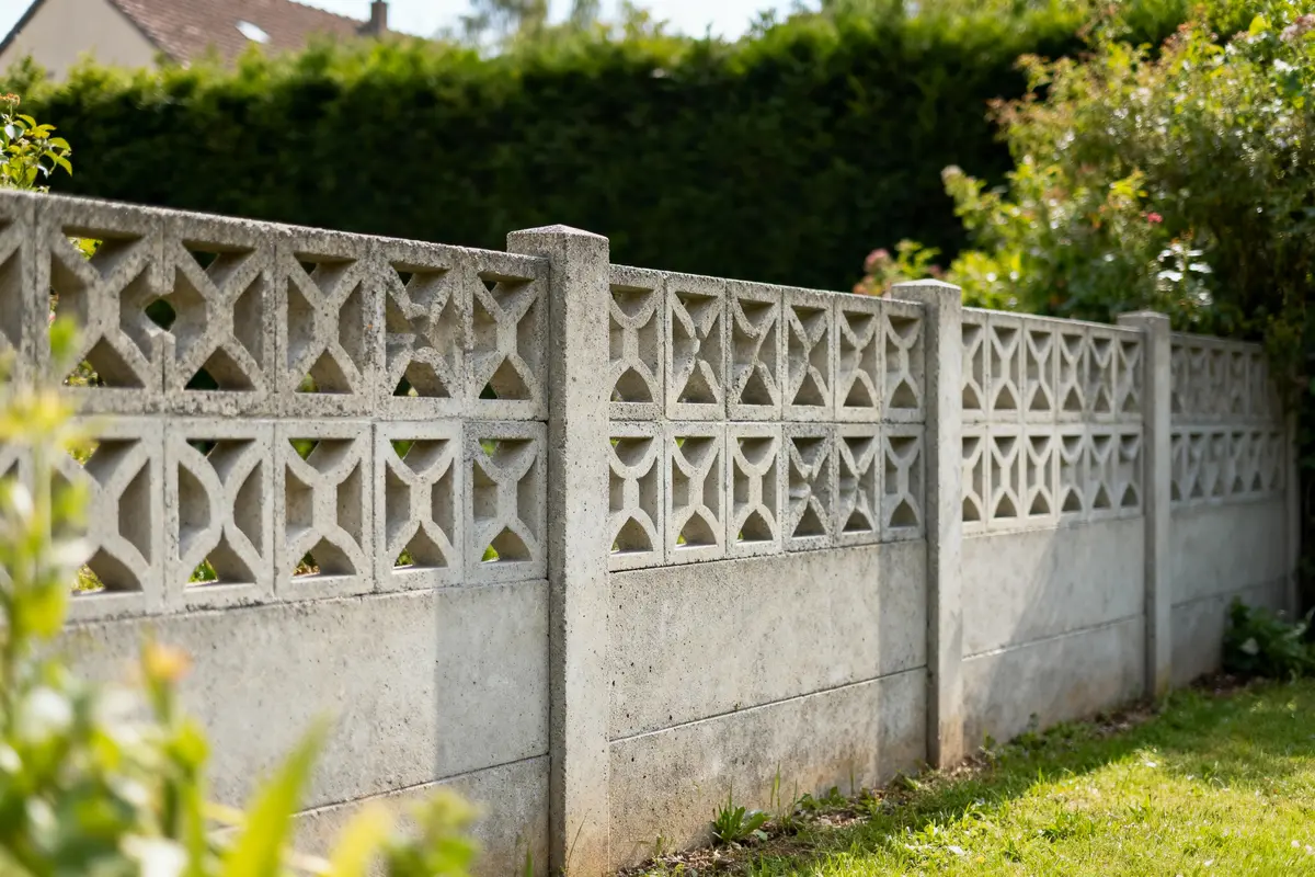 Mur en béton percé de motifs géométriques avec pelouse et verdure environnante.