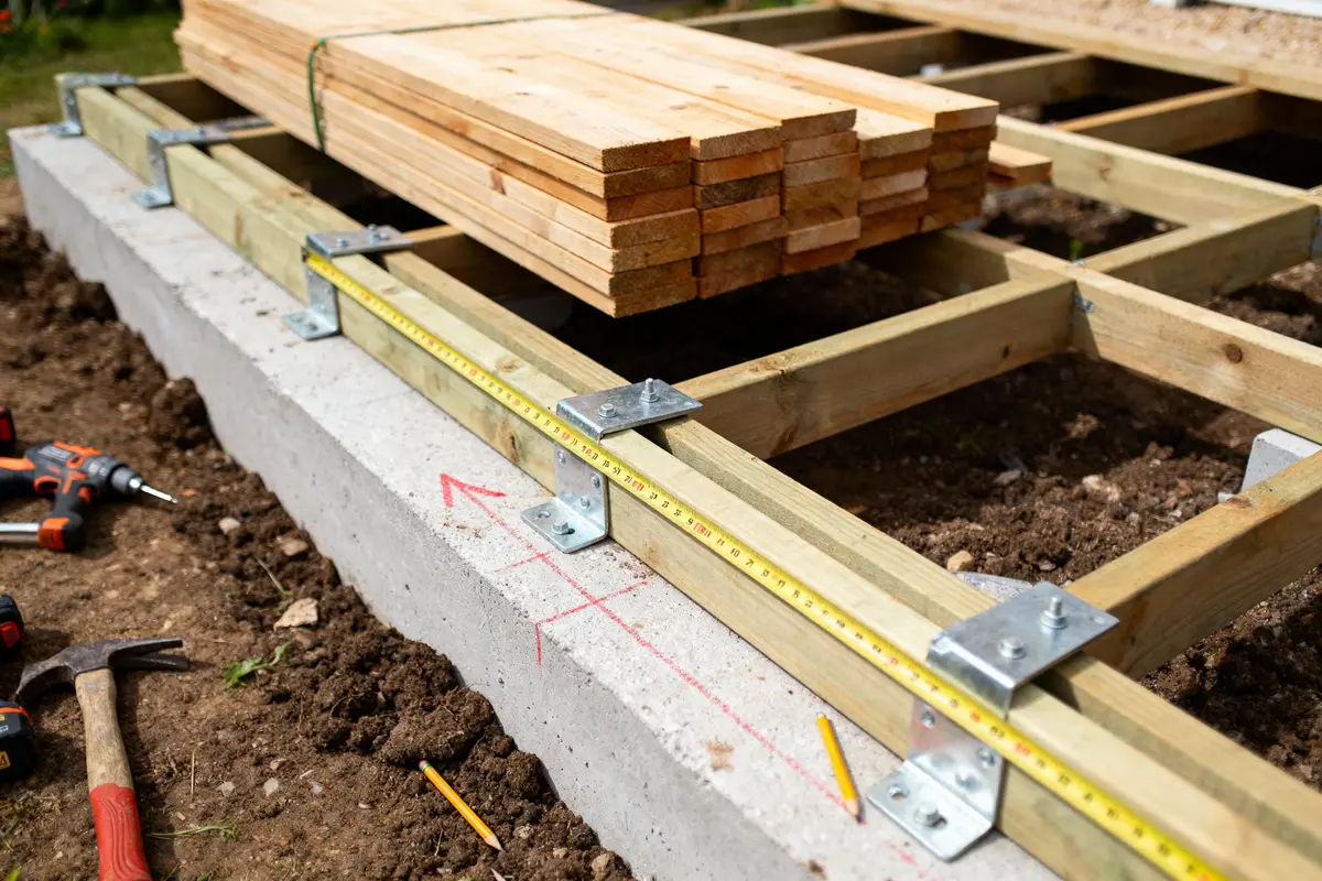 Construction d'une terrasse en bois avec outils, planches, mesures sur fondations en béton.