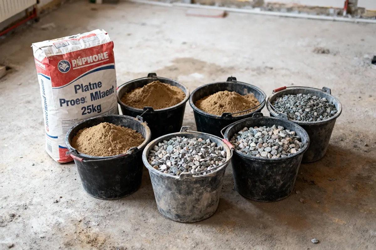 Six seaux remplis de sable et gravier, sac de plâtre 25 kg sur sol de chantier.