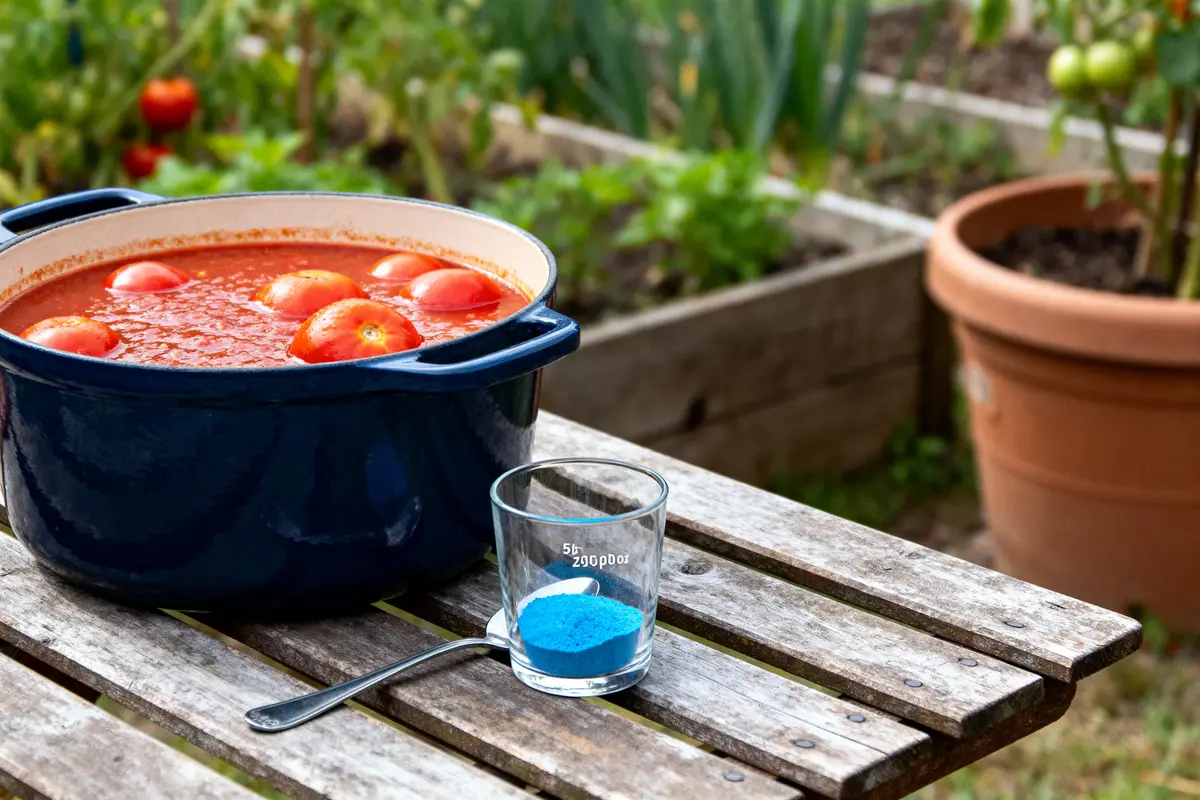 Casserole bleue avec tomates, potager en arrière-plan, verre avec substance bleue sur table en bois.
