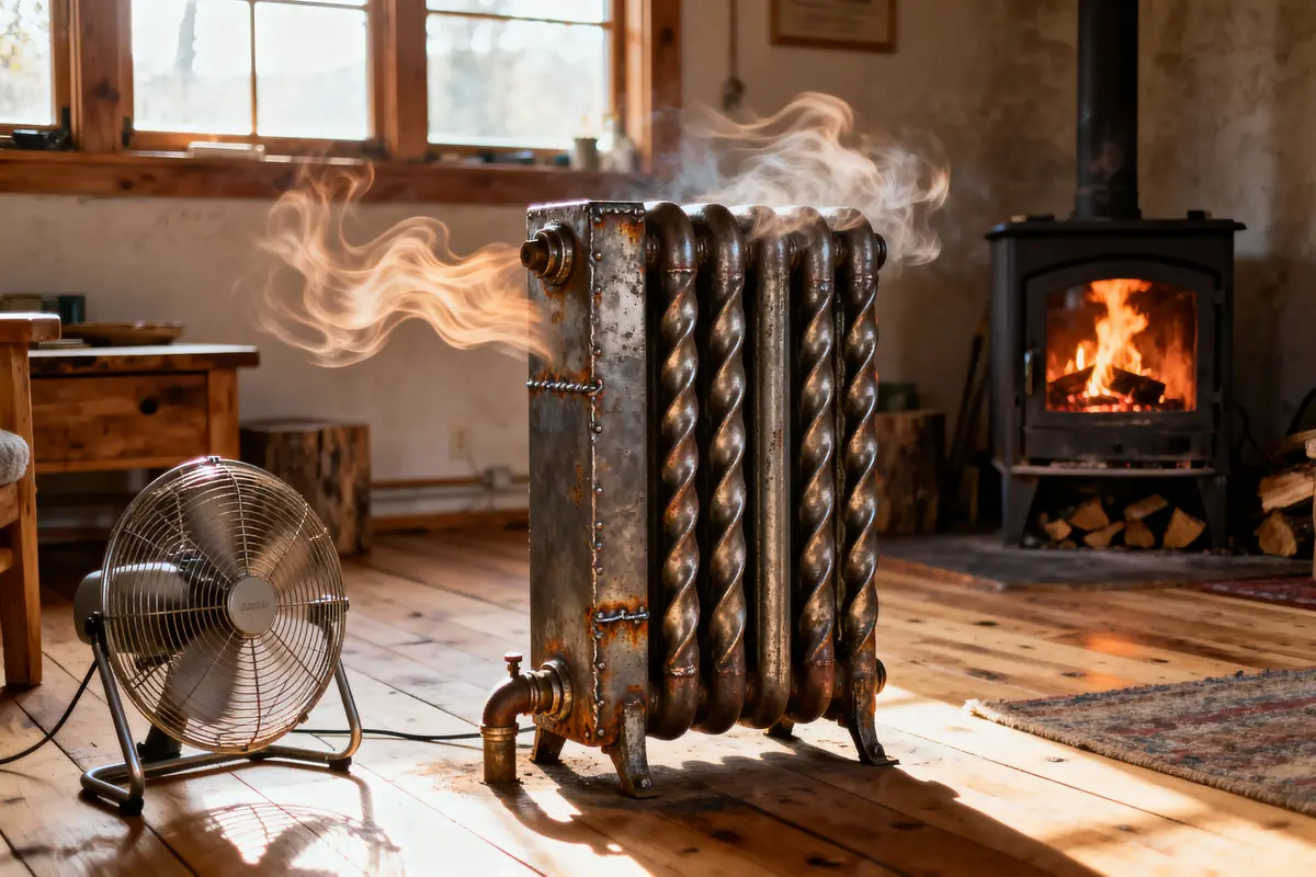 Ventilateur et poêle à bois dans une pièce chaleureuse avec plancher en bois. Radiateur vintage dégageant de la vapeur.