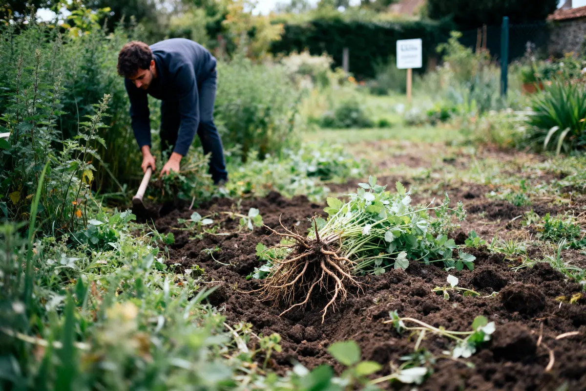Personne jardine en plein air, déracine des plantes dans un jardin verdoyant. Panneau flou en arrière-plan.