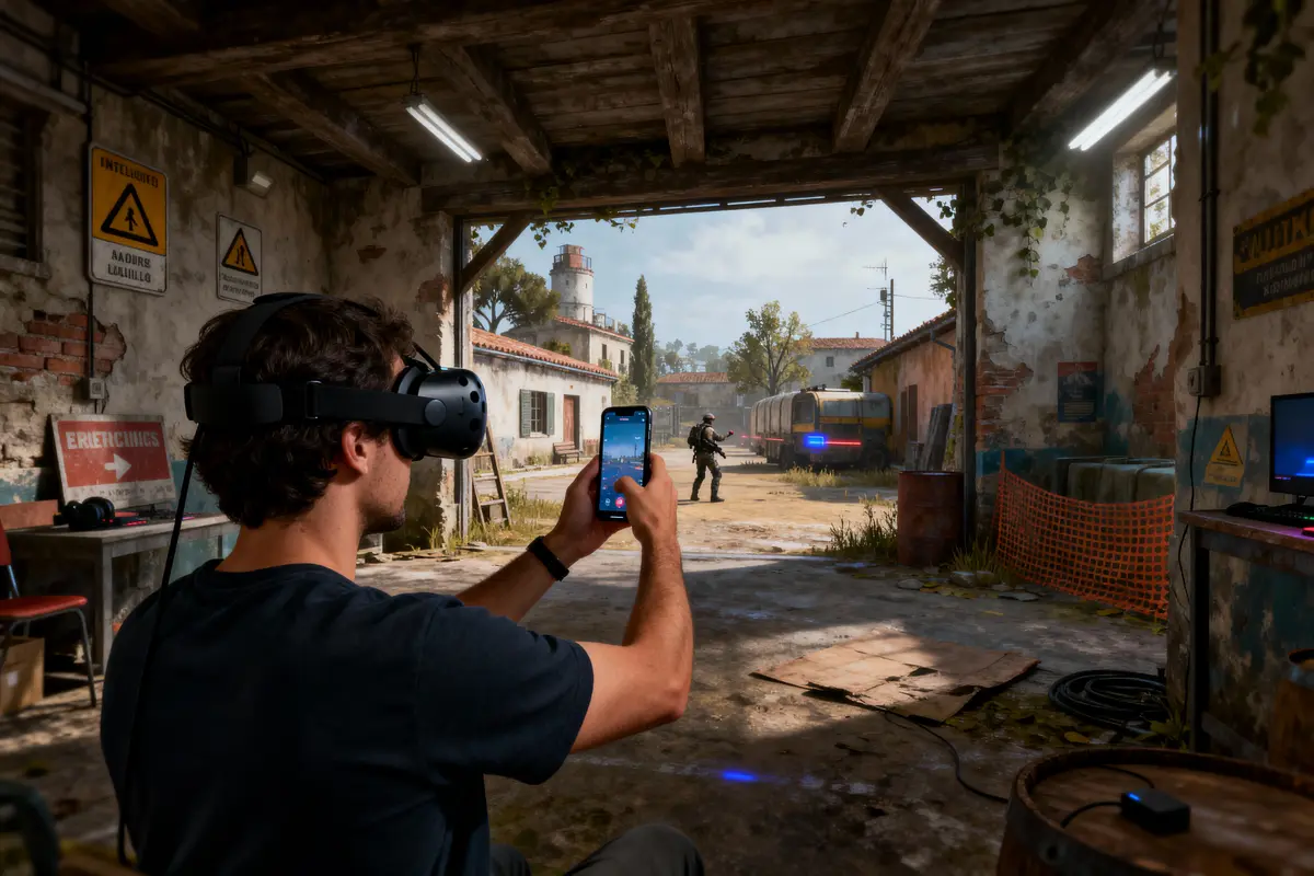 Homme portant casque VR, utilisant smartphone, dans un espace industriel abandonné avec camion et personnage dehors.