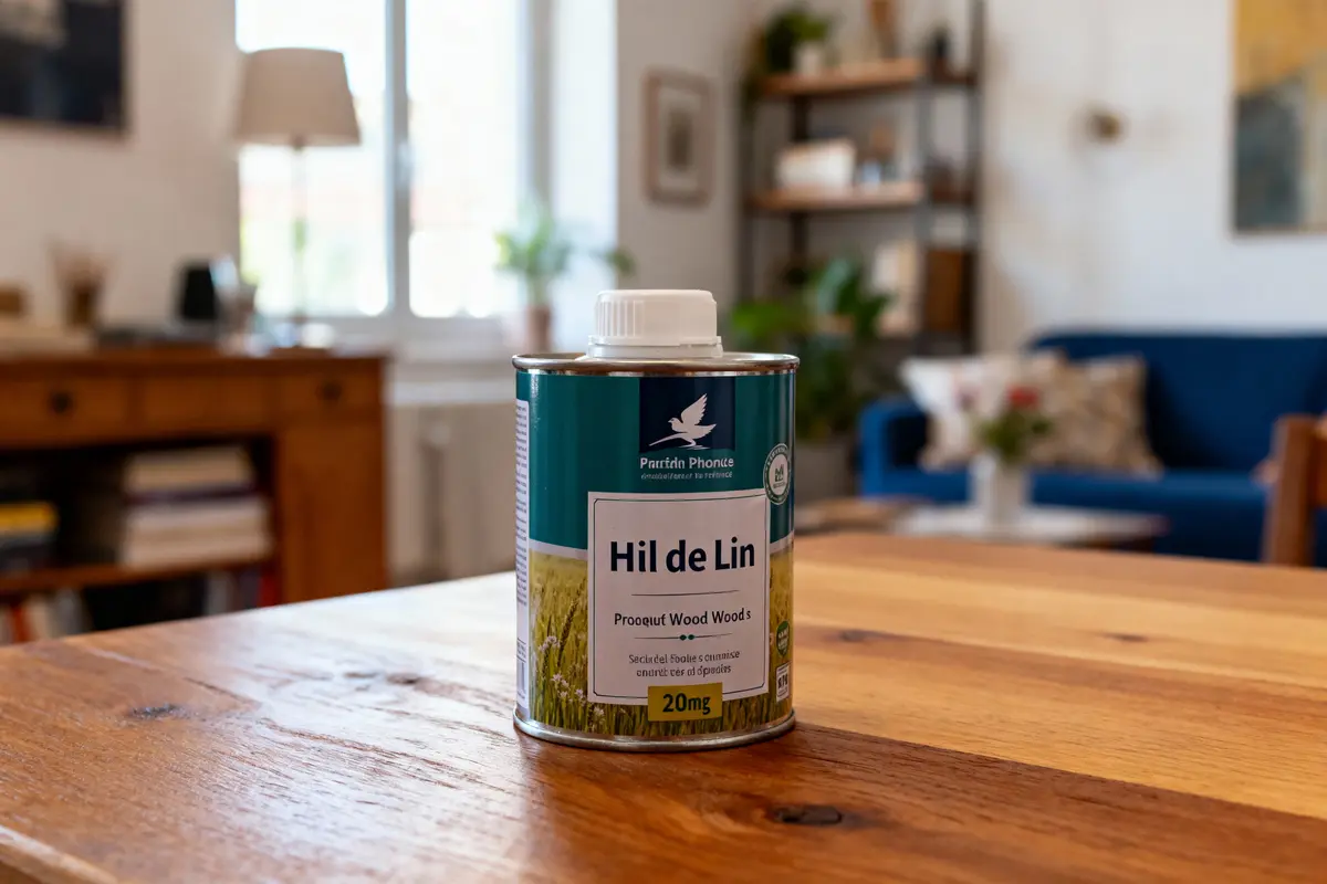 Boîte d'huile de lin sur une table en bois, intérieure lumineuse. Meubles flous en arrière-plan.