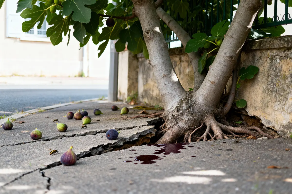 Figuier poussant sur trottoir fissuré, figues tombées avec guêpes autour, sève rougeâtre visible au sol.
