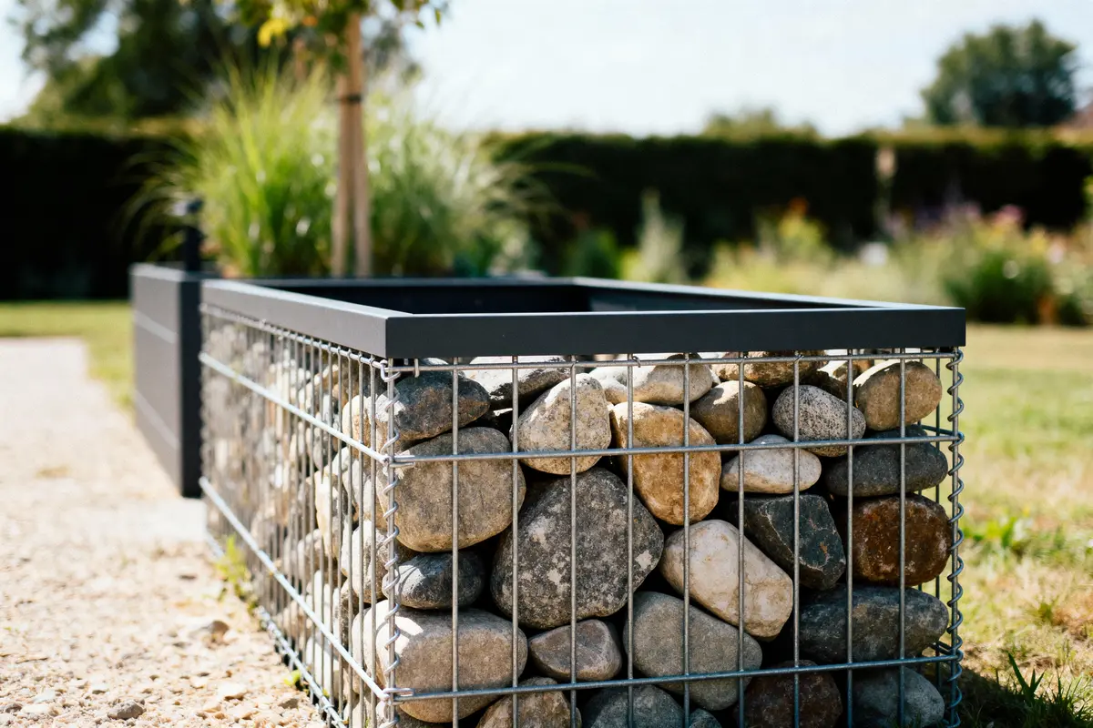 Gabion rempli de pierres, placé dans un jardin avec arbres et pelouse en arrière-plan.