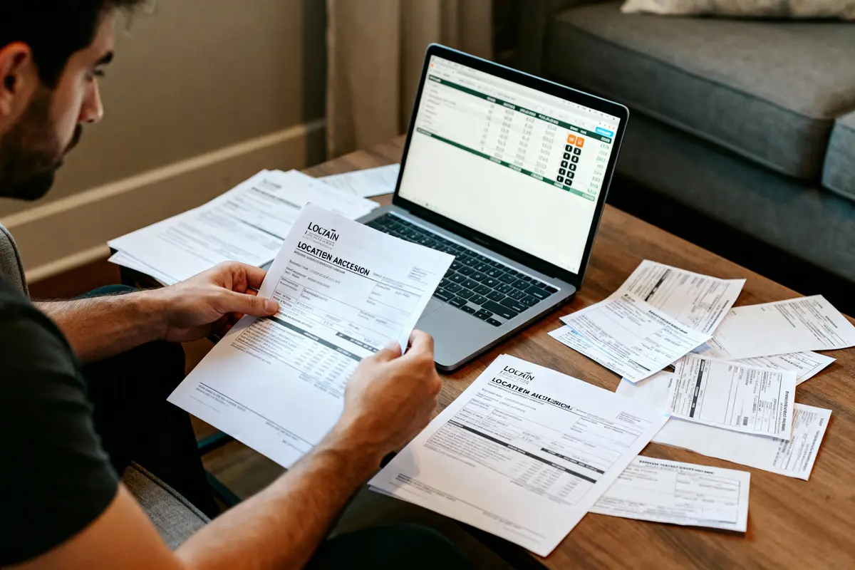 Homme consultant documents financiers devant ordinateur portable éteint sur table, plusieurs papiers éparpillés autour.