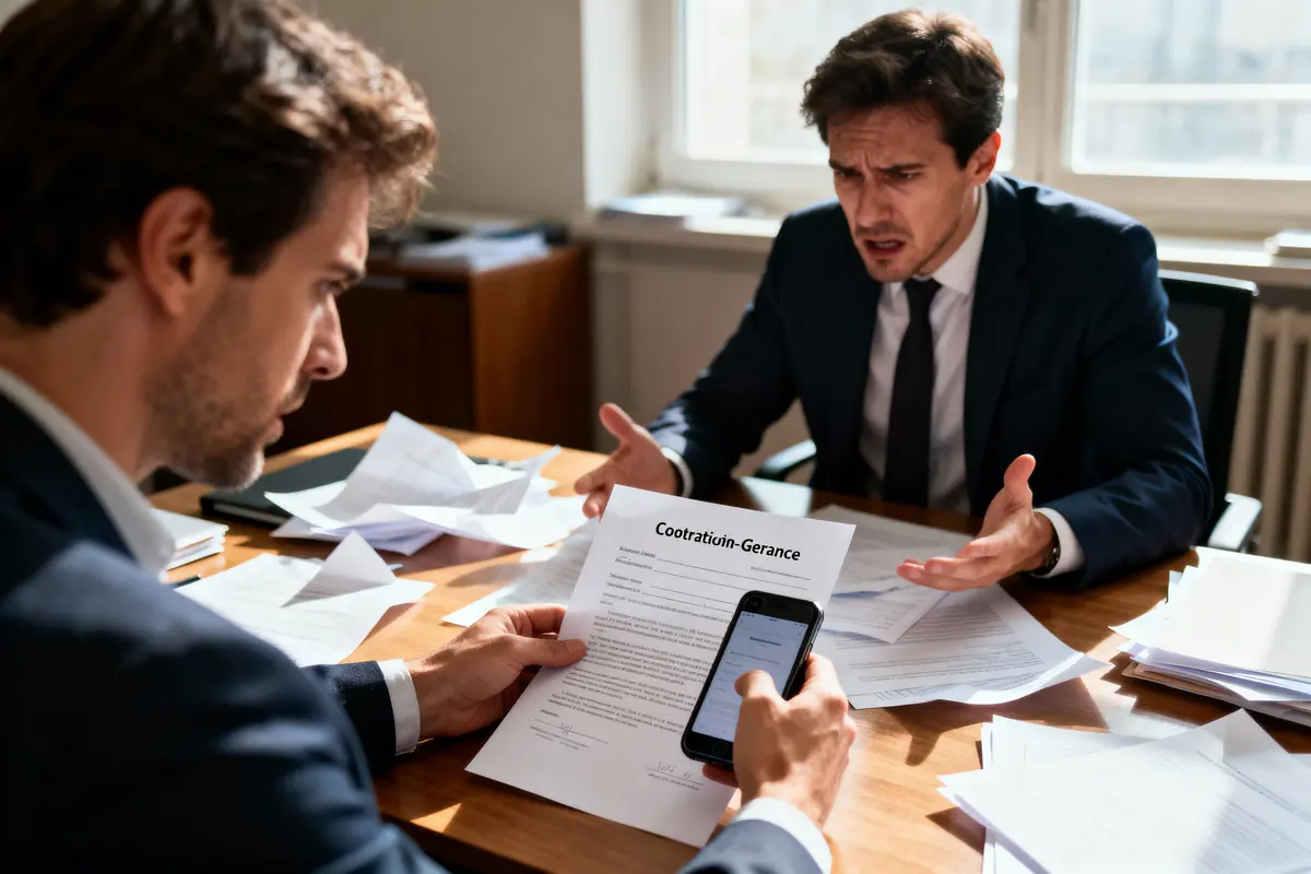 Deux hommes en costume discutent dans un bureau, sur fond de documents éparpillés.