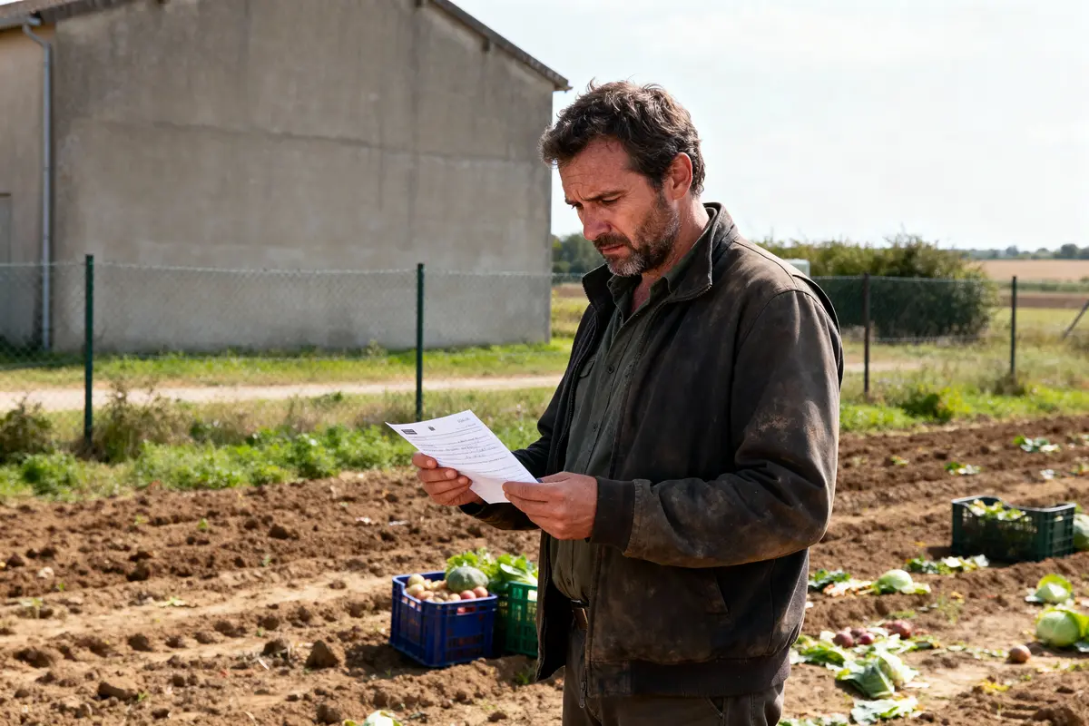 Homme lisant un document dans un champ cultivé, panier de légumes à proximité, bâtiment en arrière-plan.