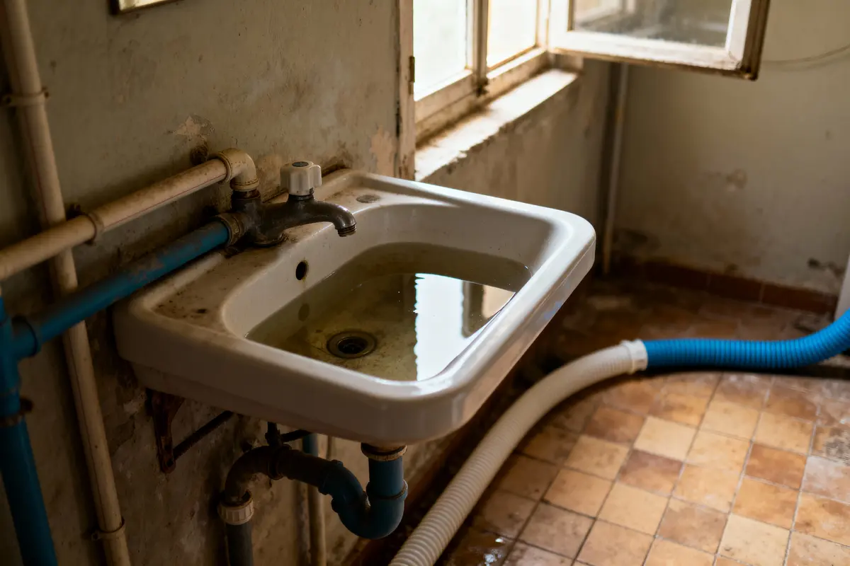 Évier rempli d'eau stagnante, tuyaux visibles, fenêtre ouverte, sol carrelé, environnement vétuste.
