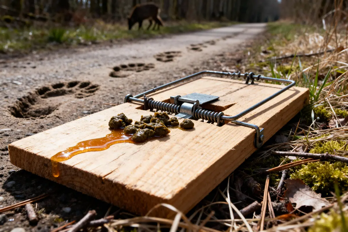 Piège avec appât sur chemin forestier, traces de pas et silhouette d'un sanglier en arrière-plan.